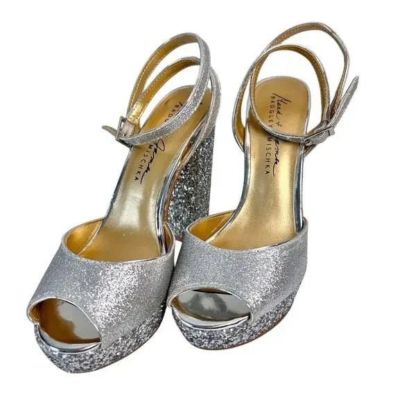 Badgley Mischka 7.5 Zale Open Toe Platform Block Heel Glitter Adjustable Buckle - Picture 2 of 9